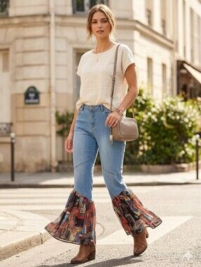 Gemma + Jane Denim Jeans with Colorful Paisley Ruffle Hem Size 12